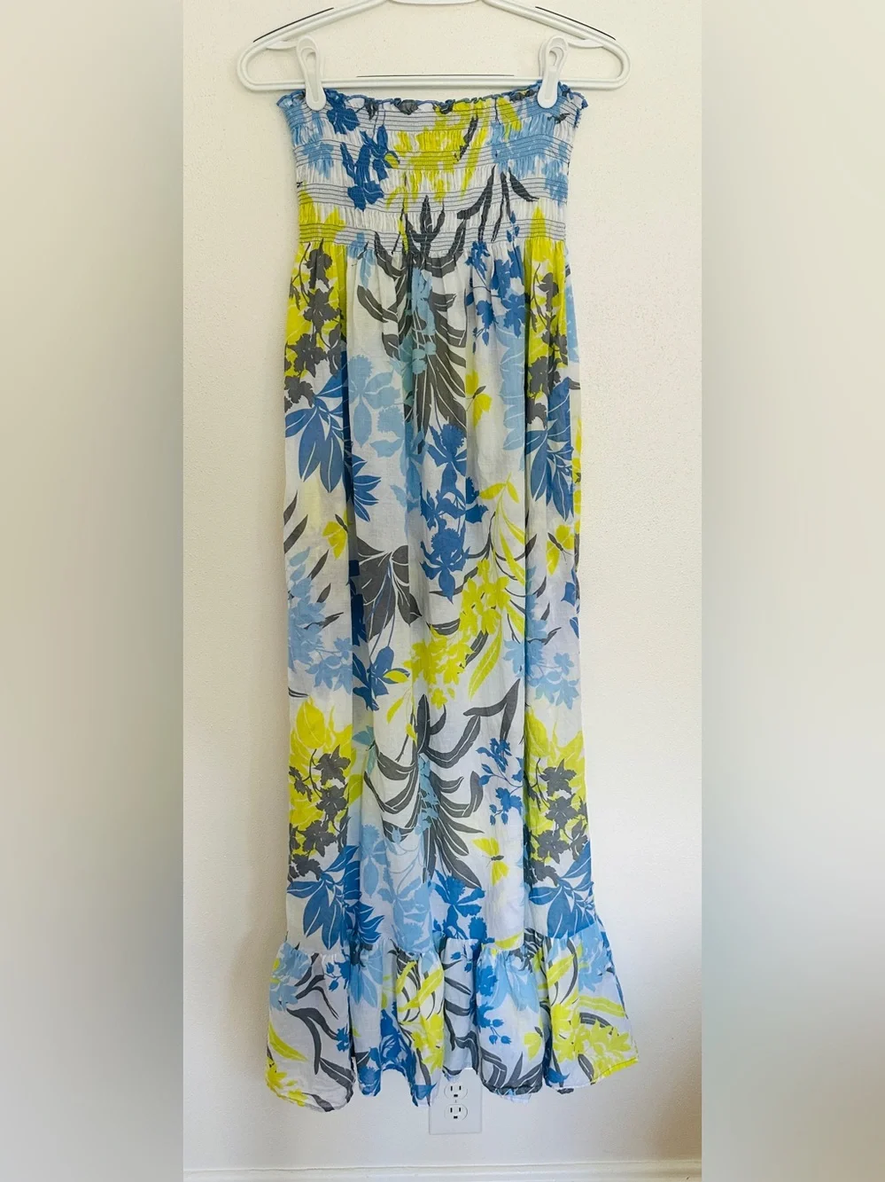 Tommy Bahama Smocked Tube Maxi Dress Swim Coverup Blue Yellow Floral Medium